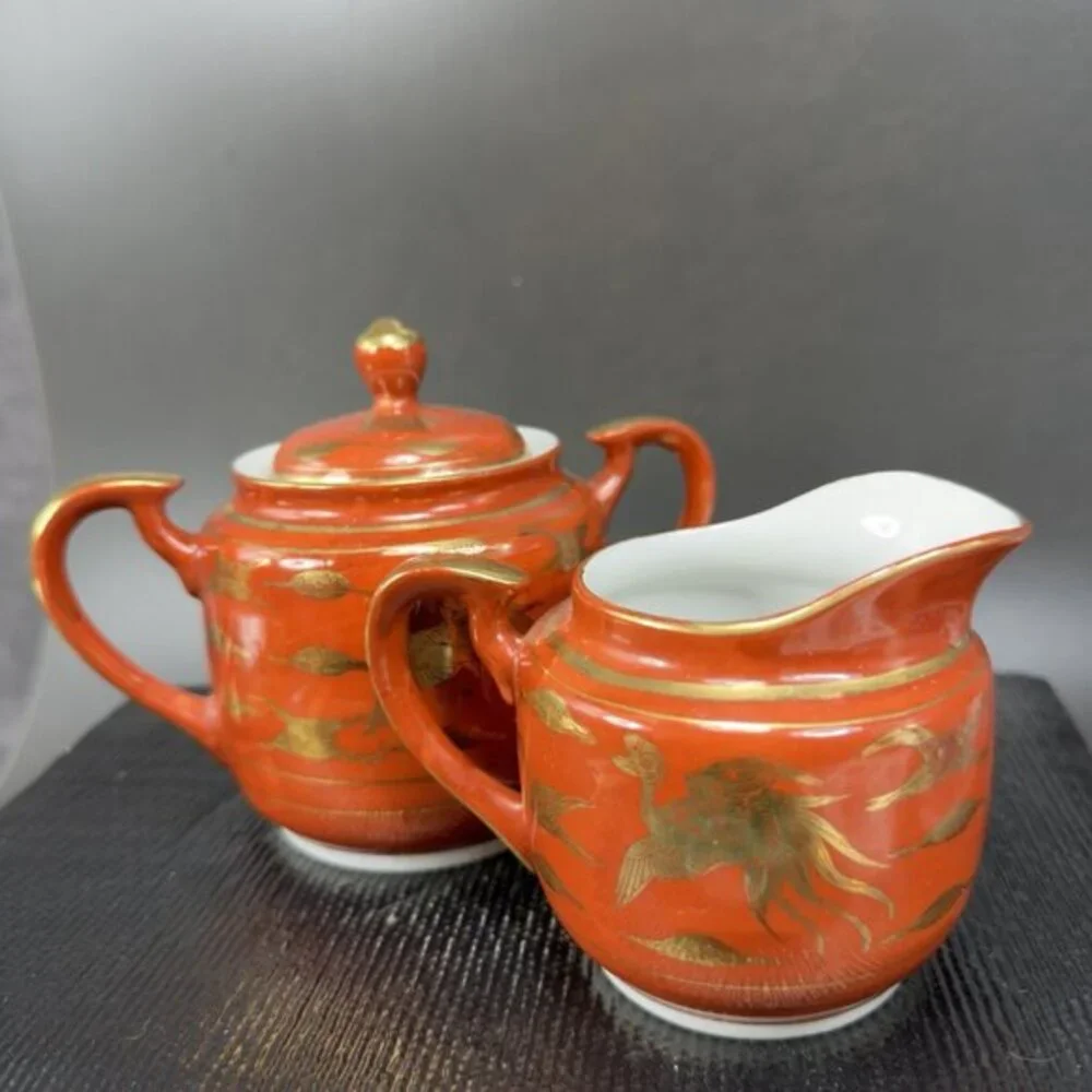 Japanese Eiraku Eggshell Sugar And Creamer Set‎ Phoenix Dragon Pattern Antique
